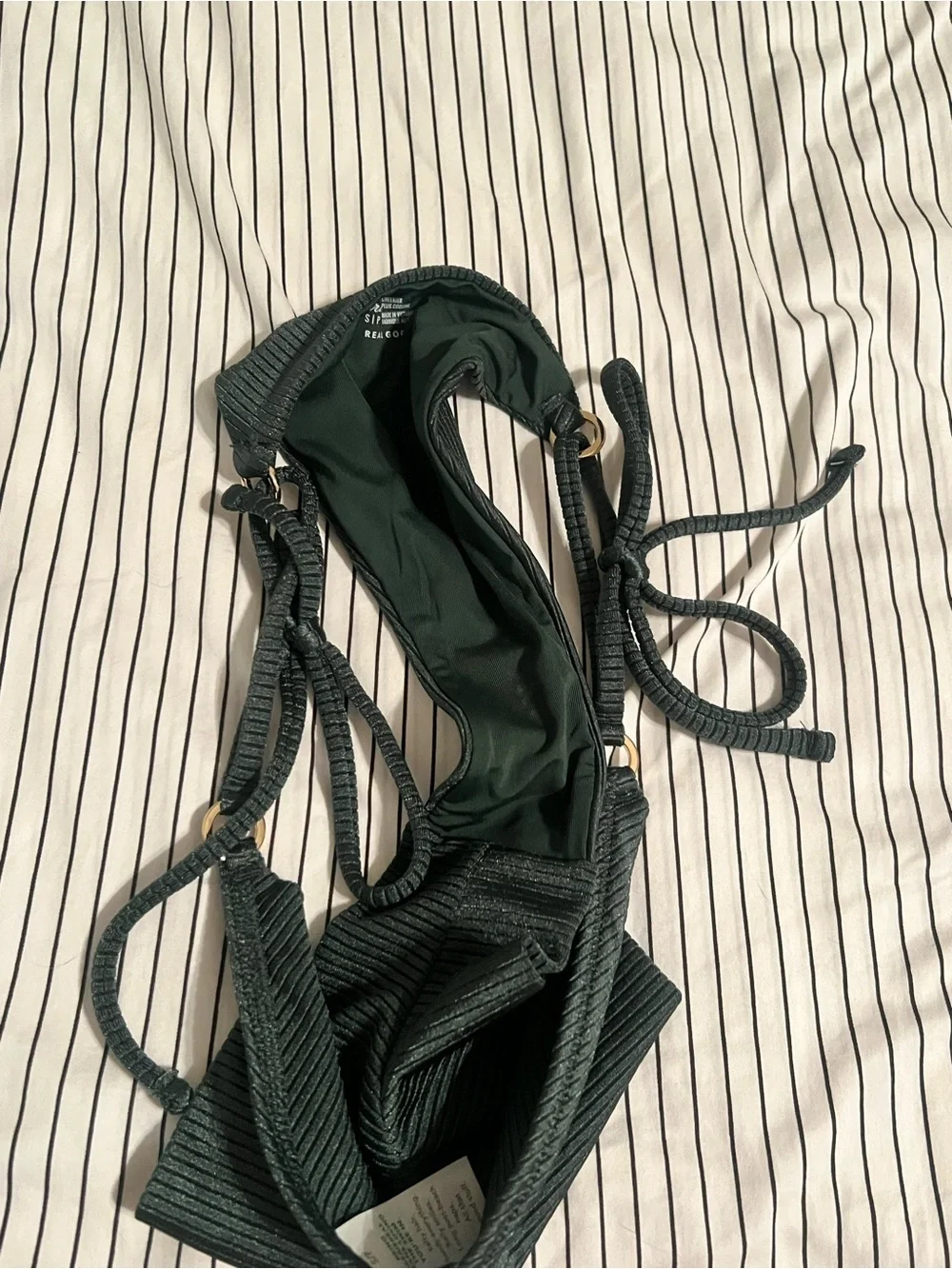 Aerie Shine Ribbed Green Tie-Side Cheeky Bikini Bottom, Size Smal